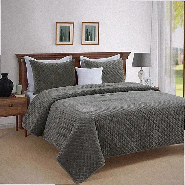 D. Franco Amalia Solid Color Cotton Quilt Set Dark Grey