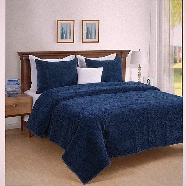 D. Franco Charlotte Solid Color Cotton Quilt Set Navy Blue