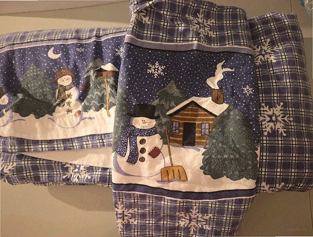Franco King Size Flannel Sheet Set W/ 1 Pillow Case Blue Plaid Snowmen...