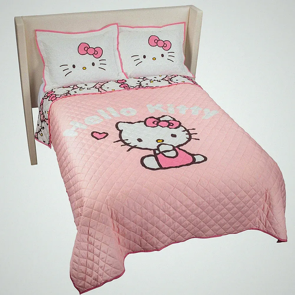 Jay Franco Hello Kitty Pink Stripes & Hearts Full/Queen Size Quilt & Sham Set...