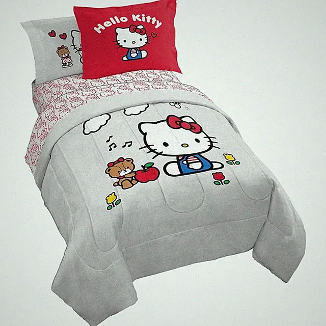 NEW Franco Sanrio Hello Kitty 5 Pc Twin Bedding Comforter & Sheet Set Gray Red