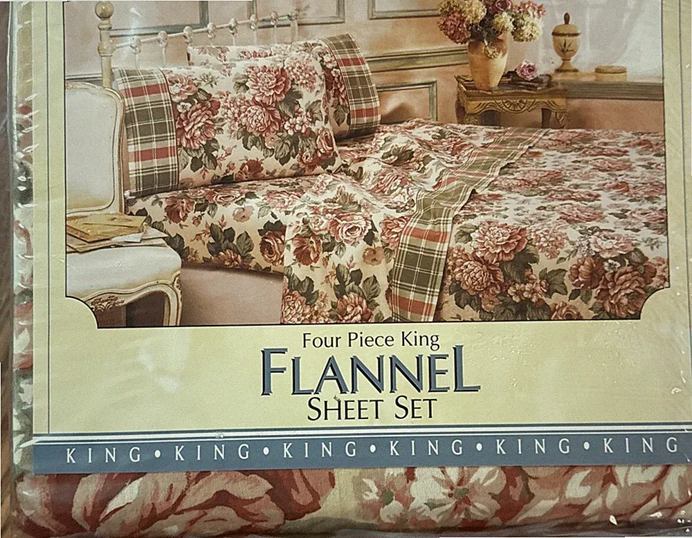 NOS VTG FRANCO 4 Piece Floral Flannel Sheet Set -KING Turkish Cotton