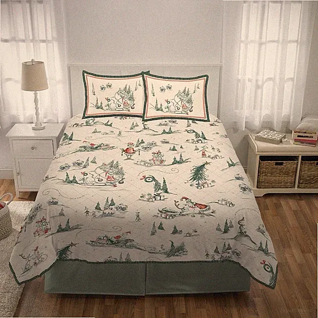 The Grinch Full/Queen Christmas Holiday Quilt Green Bedspread & Shams