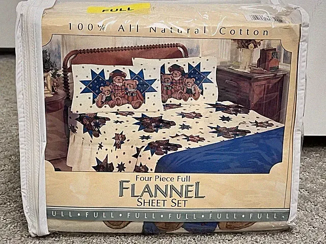 Vintage Franco Full Flannel Sheet Set 4 Pc Bedding Teddy Bears 100% Cotton NEW